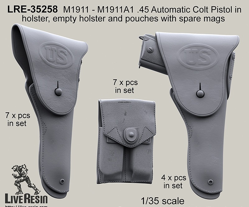 LRE35258 Автоматический пистолет M1911 - M1911A1 .45 Automatic Colt Pistol в кобуре и патронная сумка с запасными магазинами.
