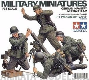 Набор фигурок 35193T Немецкий расчет минометчиков в действии (4 фигуры) в форме 1936г., 80-мм миномет Tamiya