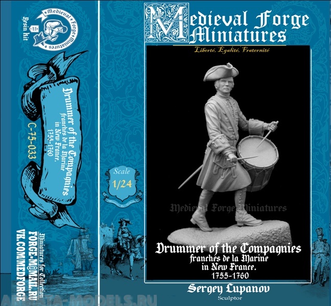 C-75-033 Фигура Drummer of the Compagnies franches de la Marine in New France. 1755-1760 Medieval Forge Miniatures
