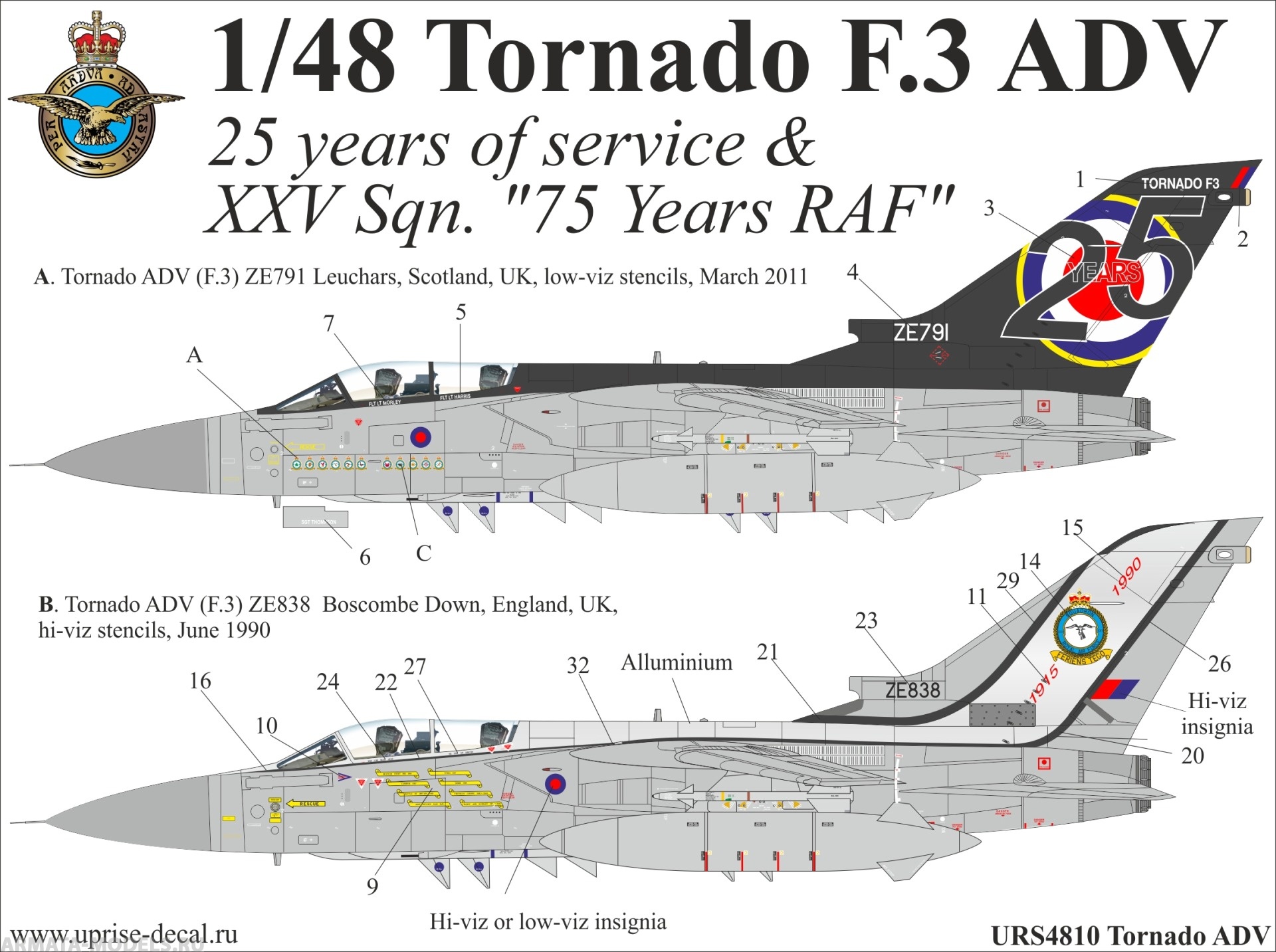 URS4810 Декали для Tornado ADV quot;25 Years of servicequot;& XXV Sqn. quot;75 Years RAFquot;