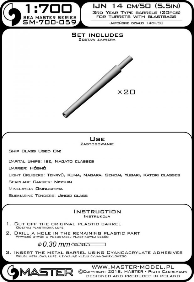 SM-700-059 Стволы IJN 14 см / 50 (5,5 дюйма) 3-го года выпуска - для турелей с глушителями (20 шт.) - самые ранние линкоры и крейсеры IJN