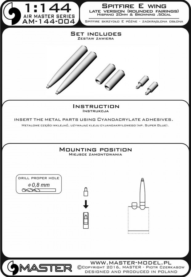 AM-144-004 Крыло Supermarine Spitfire E позднее (закругленные обтекатели) - Hispano 20 мм и Browning .50cal в обтекателях
